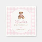 Rosa Gingham Teddybär Beary Erster Geburtstag Serviette (Vorderseite)