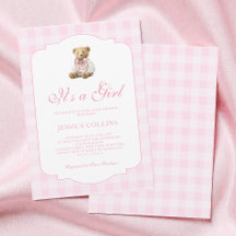 Rosa Gingham-Teddybär It's a Girl Baby-Shower