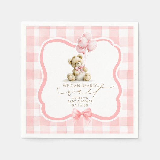 Rosa Gingham-Teddybär-Mädchen-Baby-Party Serviette (Vorderseite)