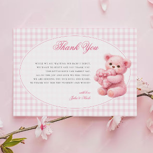 Rosa Gingham-Teddybär neutrale Babyparty Dankeskarte