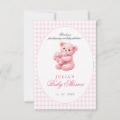 Rosa Gingham Teddybär Neutrale Babyparty Einladung (Vorderseite)