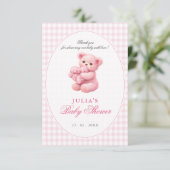 Rosa Gingham Teddybär Neutrale Babyparty Einladung (Stehend Vorderseite)