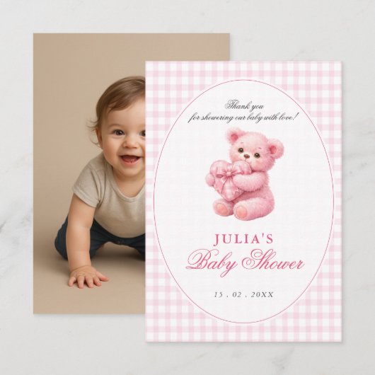 Rosa Gingham Teddybär Neutrale Babyparty Einladung (Vorne/Hinten)