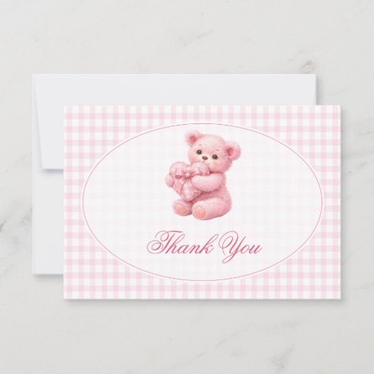 Rosa Gingham Teddybär Neutrale Babyparty Einladung (Vorderseite)