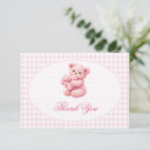 Rosa Gingham Teddybär Neutrale Babyparty Einladung (Stehend Vorderseite)