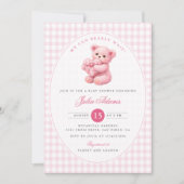 Rosa Gingham Teddybär Neutrale Babyparty Einladung (Vorderseite)