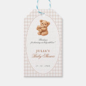 Rosa Gingham Teddybär Neutrale Babyparty Geschenkanhänger (Vorderseite)