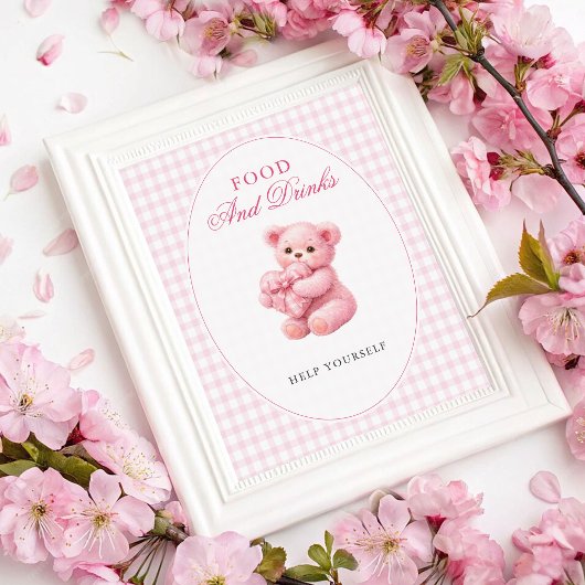 Rosa Gingham Teddybär Neutrale Babyparty Poster