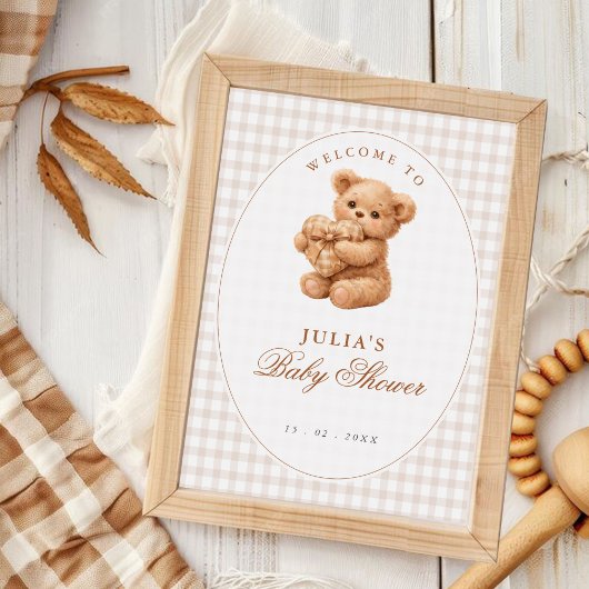 Rosa Gingham Teddybär Neutrale Babyparty Poster