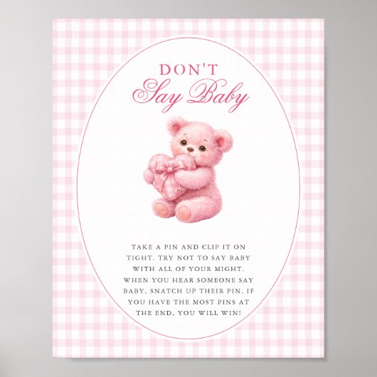 Rosa Gingham Teddybär Neutrale Babyparty Poster (Vorne)