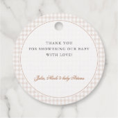 Rosa Gingham Teddybär Neutrales Babyshower Geschenkanhänger (Rückseite)