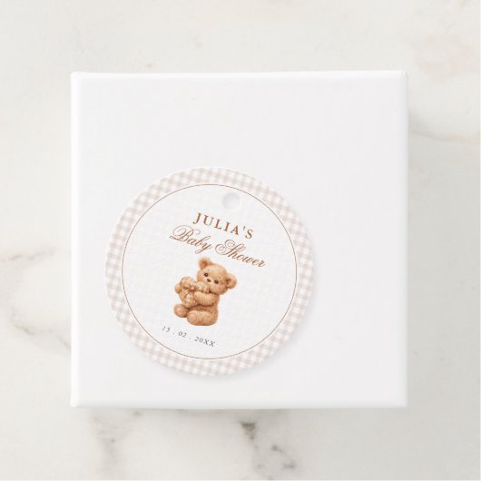 Rosa Gingham Teddybär Neutrales Babyshower Geschenkanhänger (Beispiel)