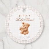 Rosa Gingham Teddybär Neutrales Babyshower Geschenkanhänger (Vorderseite)