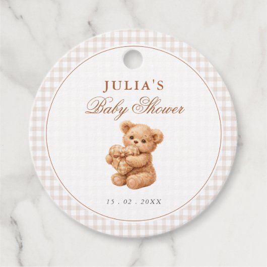 Rosa Gingham Teddybär Neutrales Babyshower Geschenkanhänger (Vorderseite)