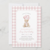 Rosa Gingham-Teddybär zum ersten Geburtstag Einladung (Vorderseite)