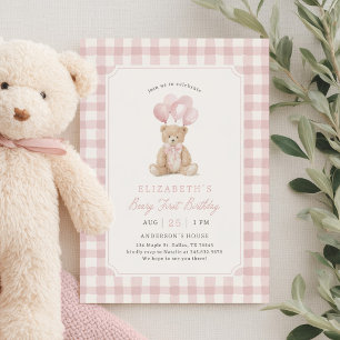Rosa Gingham-Teddybär zum ersten Geburtstag Einladung