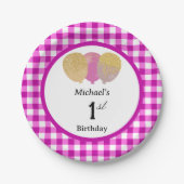 Rosa Gingham und Ballons 1. Geburtstag Pappteller (Vorderseite)