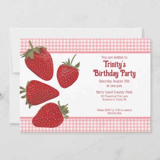 Rosa Gingham und Rote Erdbeeren Einladung (Vorderseite)
