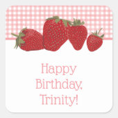 Rosa Gingham und Rote Erdbeeren Quadratischer Aufkleber (Vorderseite)