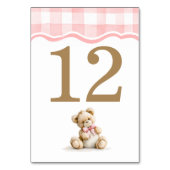Rosa Gingham und Teddybär-Baby-Party Tischnummer (Rückseite)