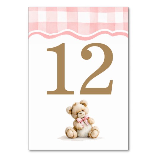 Rosa Gingham und Teddybär-Baby-Party Tischnummer (Vorderseite)