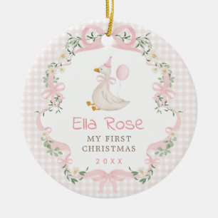 Rosa Gingham Verrückter Gänse-Baby-Erstes-Christfe Keramik Ornament
