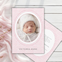 Rosa Gingham Vintage-Foto-Geburtsanzeige