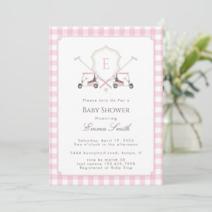 Rosa Gingham-Wappen-Monogramm-Golf-Baby-Party Einladung