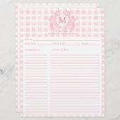 Rosa Gingham Wappen Monogramm Rezept (Vorne/Hinten)