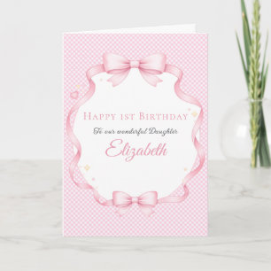 Rosa Gingham-Wasserfarben-Schleifen-Mädchen-Geburt Karte