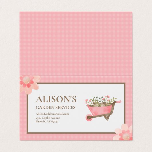 Rosa Gingham Watercolor Garden Visitenkarten (Außenseite Aufgefaltet)