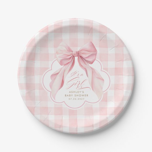 Rosa Gingham-Wimpern-Bogen Mädchen Baby Shower Pappteller (Vorderseite)