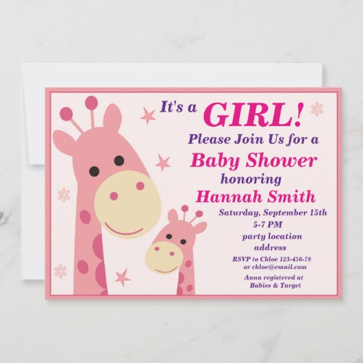 Rosa Giraffe, Babydusche Einladung (Vorderseite)