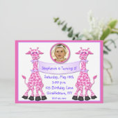 Rosa Giraffe Foto Geburtstagseinladung Einladung (Stehend Vorderseite)