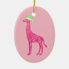Rosa Giraffe in einer grünen Weihnachtsmannmütze Keramik Ornament
