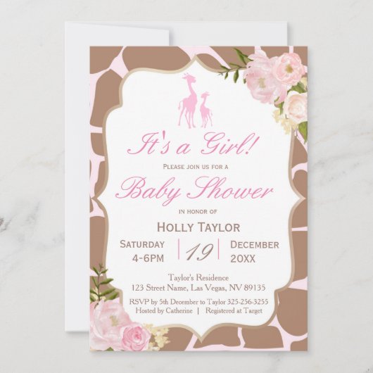 Rosa Giraffe Kinderdusche Einladung (Vorderseite)