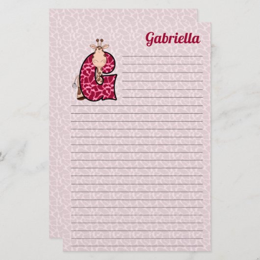 Rosa Giraffe Mongrammatierter Buchstabe G Mädchen Briefpapier (Vorne/Hinten)