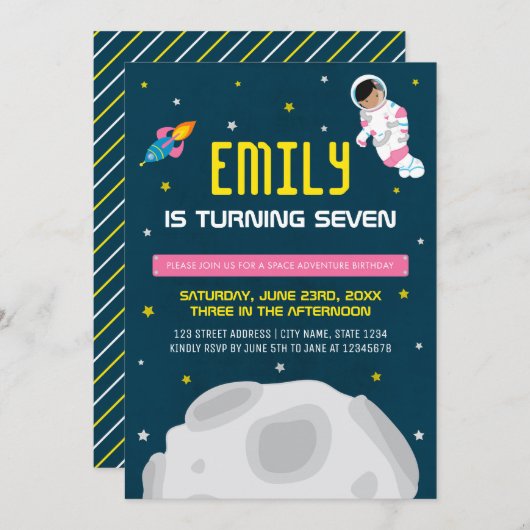 Rosa Girl Astronaut Space Einladung zum Geburtstag (Vorne/Hinten)