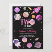 Rosa Girl Astronaut Space Two der Mond zum Geburts Einladung (Vorderseite)