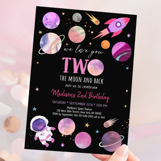 Rosa Girl Astronaut Space Two der Mond zum Geburts Einladung
