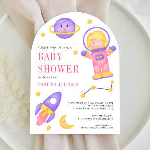 Rosa Girl Astronauten Arch Baby Dusche im Weltraum Einladung