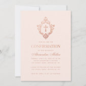 Rosa Girl Confirmation Rose Gold Cross Wappen Blus Einladung (Vorderseite)