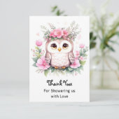 Rosa-Girl-Dusche mit Eule-Thema Dankeskarte (Stehend Vorderseite)