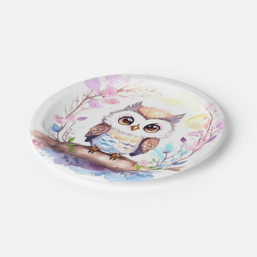 Rosa-Girl-Dusche mit Eule-Thema Pappteller (Schrägansicht)