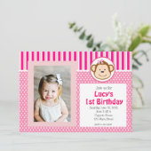 Rosa Girl Monkey zum Geburtstag Einladung (Stehend Vorderseite)