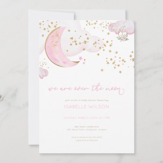 Rosa Girl Over the Moon Baby Shower Einladung (Vorderseite)