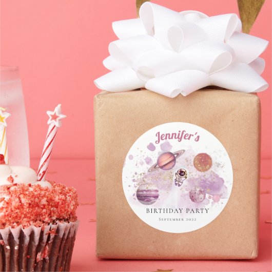 Rosa Girl Rocket Planets Galaxy Runder Aufkleber (Party)