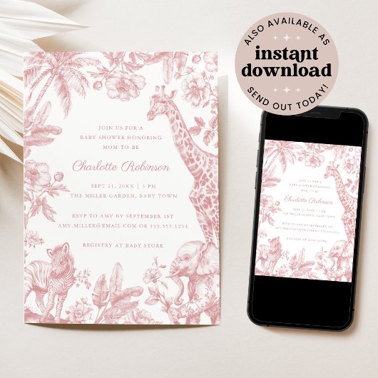 Rosa Girl Toile Safari Elegante Babydusche Einladung