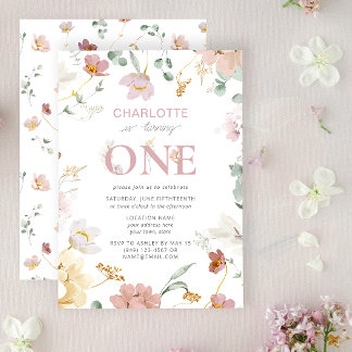 Rosa Girl-Wildblume macht einen 1. Geburtstag Einladung