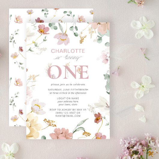 Rosa Girl-Wildblume macht einen 1. Geburtstag Einladung